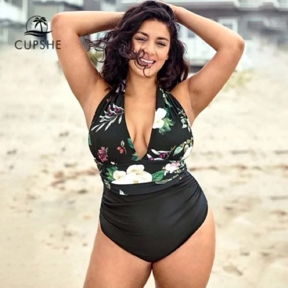 Cupshe One Piece Floral Swimsuit Halter Black Plunging Neckline Women's Large‎